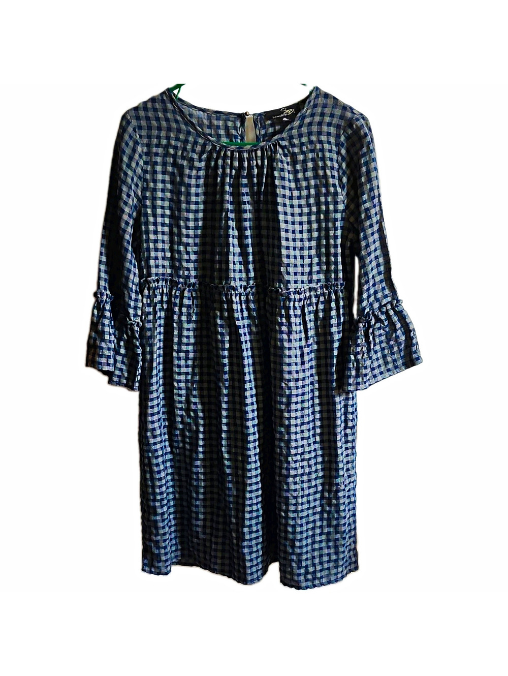 Suzanne Betro Blue Gray Gingham Babydoll Dress Ruffle 3/4 Bell Sleeve M